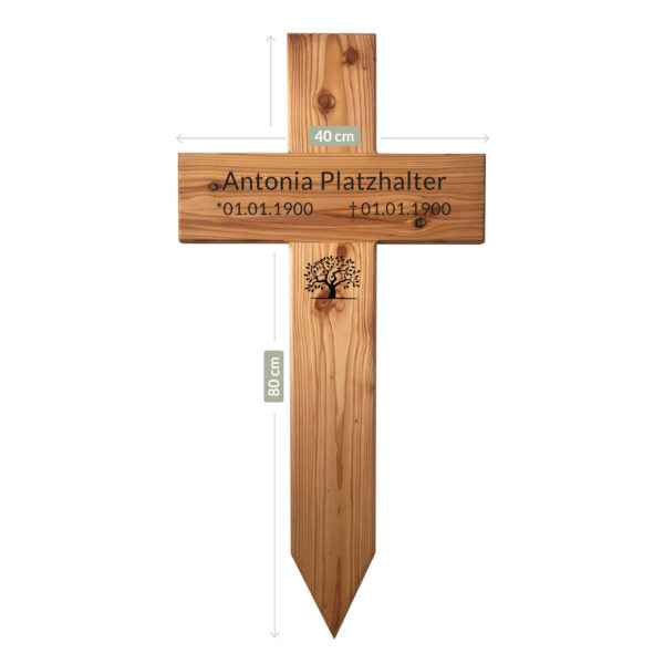 Holzgrabkreuz mit direkt eingravierten Namen und Lebensbaum-Symbol, Maßangaben 40 x 80 cm