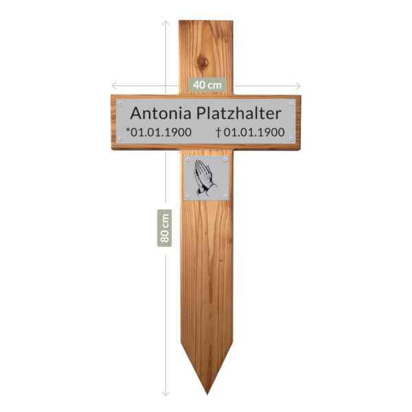 Holzgrabkreuz mit Namensschild und betenden Händen, Maßangaben 40 x 80 cm