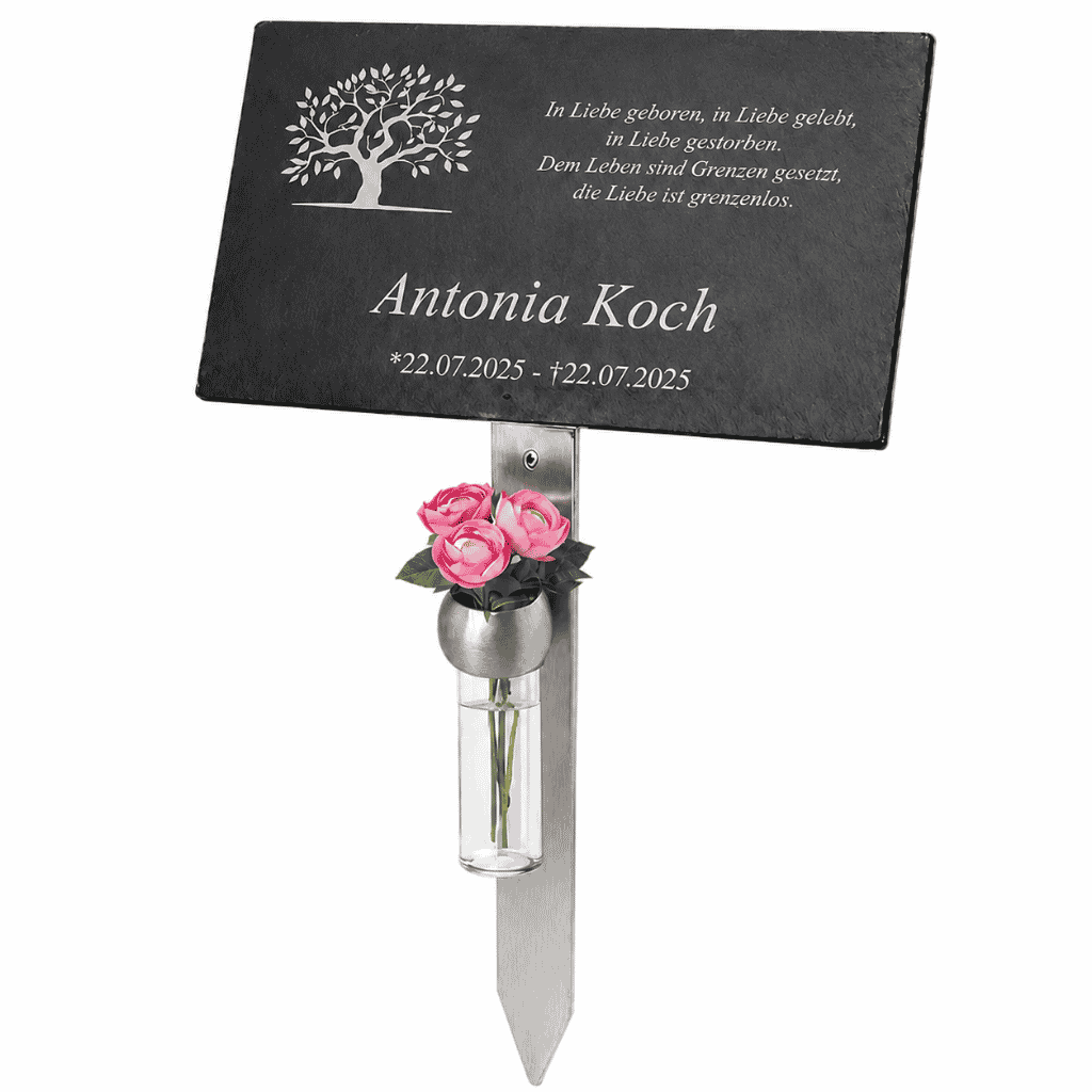 Personalisierter Grabstecker mit Lebensbaum-Motiv, schwarzer Gedenktafel, Edelstahlhalter und Blumenvase