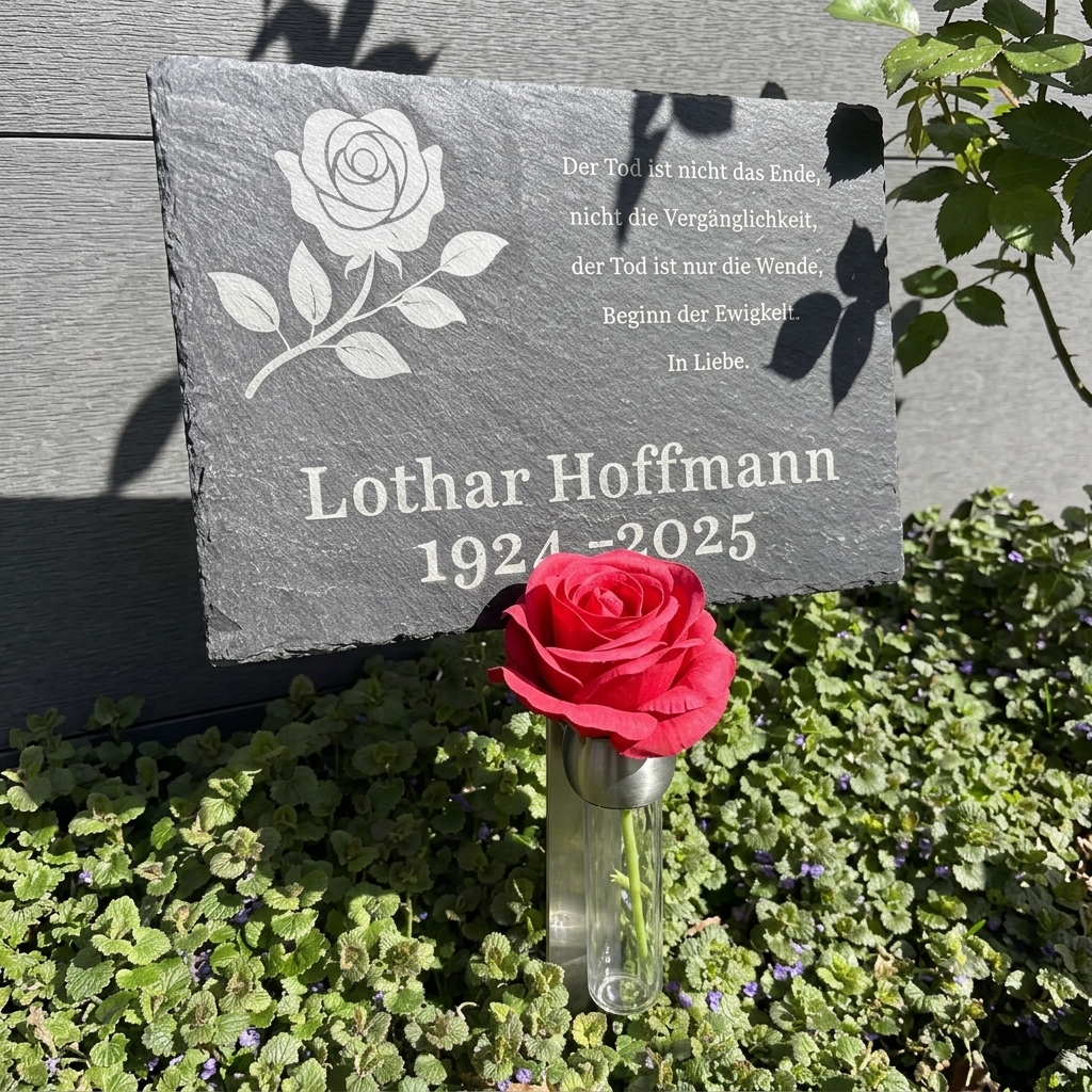 Eine Schiefer-Gedenktafel mit der Aufschrift „Der Tod ist nicht das Ende, nicht die Vergänglichkeit, der Tod ist nur die Wende, Beginn der Ewigkeit. In Liebe. Lothar Hoffmann 1924–2025“ und einer eingravierten Rose, aufgestellt in einem Beet aus kleinen grünen Pflanzen. Davor steht eine rote Rose in einer klaren Glasvase mit einem Metallstecker.