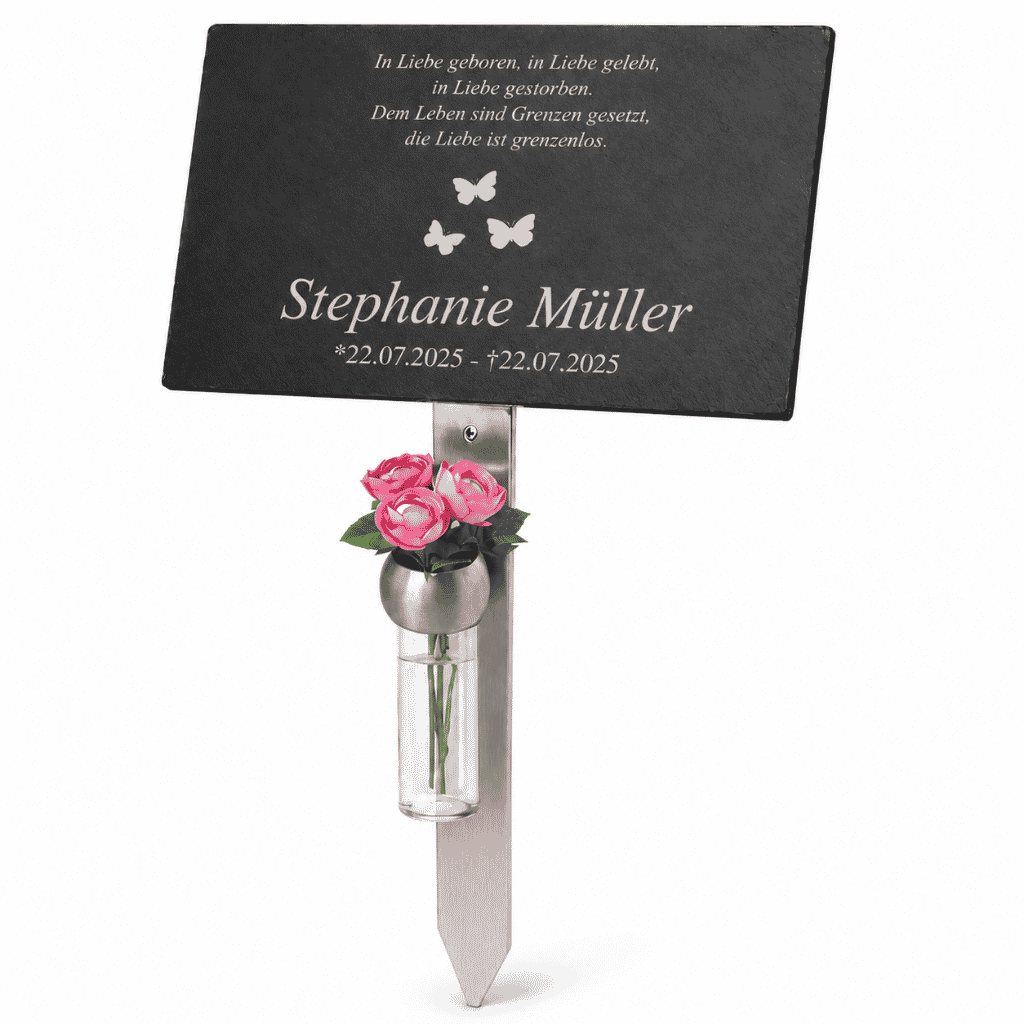 Personalisierter Grabstecker mit schwarzer Gedenktafel, Schmetterlingsmotiv, Edelstahlspieß und Blumenvase