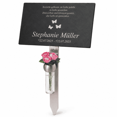 Personalisierter Grabstecker mit schwarzer Gedenktafel, Schmetterlingsmotiv, Edelstahlspieß und Blumenvase