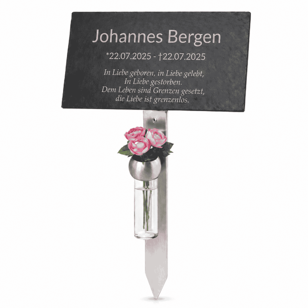 Personalisierter Grabstecker mit schwarzer Gedenktafel, individueller Gravur, Edelstahlspieß und Blumenvase