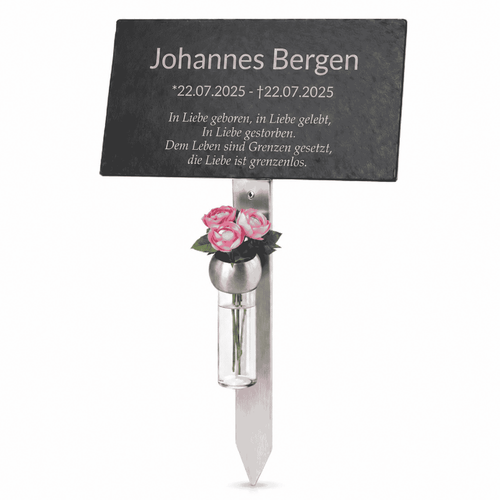 Personalisierter Grabstecker mit schwarzer Gedenktafel, individueller Gravur, Edelstahlspieß und Blumenvase