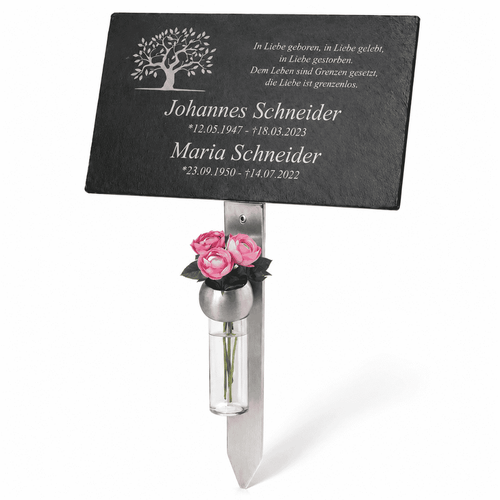 Grabstecker für Paare mit personalisierter Gedenktafel, Lebensbaum-Motiv, Edelstahlspieß und Blumenvase