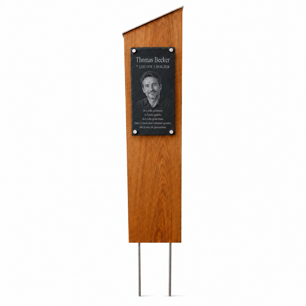 Personalisierte Gedenkstele aus hochwertigem Holz mit Foto Name Lebensdaten und individueller Gravur