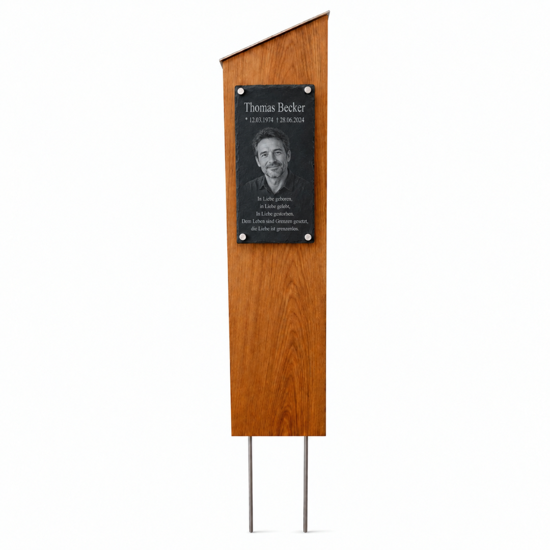Personalisierte Gedenkstele aus hochwertigem Holz mit Foto Name Lebensdaten und individueller Gravur