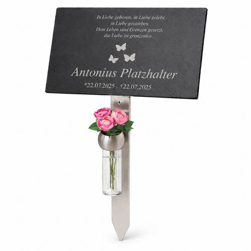 Personalisierte Gedenktafel - Wunschmotiv mittig - inkl. Lasergravur und exklusivem Edelstahlhalter | Gedenkweise