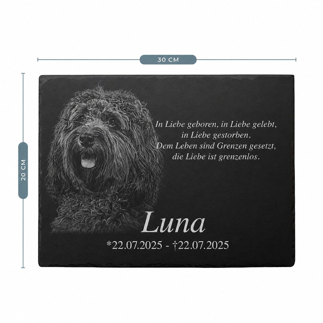 Personalisierte Tier-Gedenktafel aus Schiefer mit Lasergravur eines Hundes, Name "Luna", Datum und Trauerspruch, Maße 30 x 20 cm