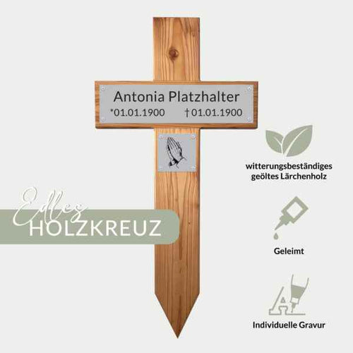 Personalisiertes Grabkreuz XXL aus Lärchenholz mit kostenloser Lasergravur mit Schild