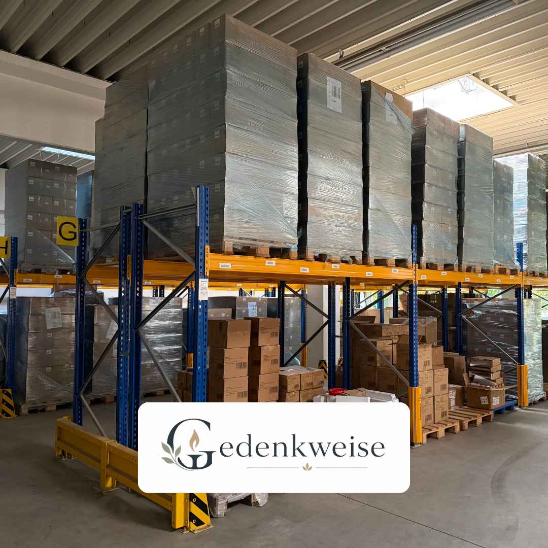 Foto von verpackten Paletten und Kartons im Lager mit Gedenkweise-Logo