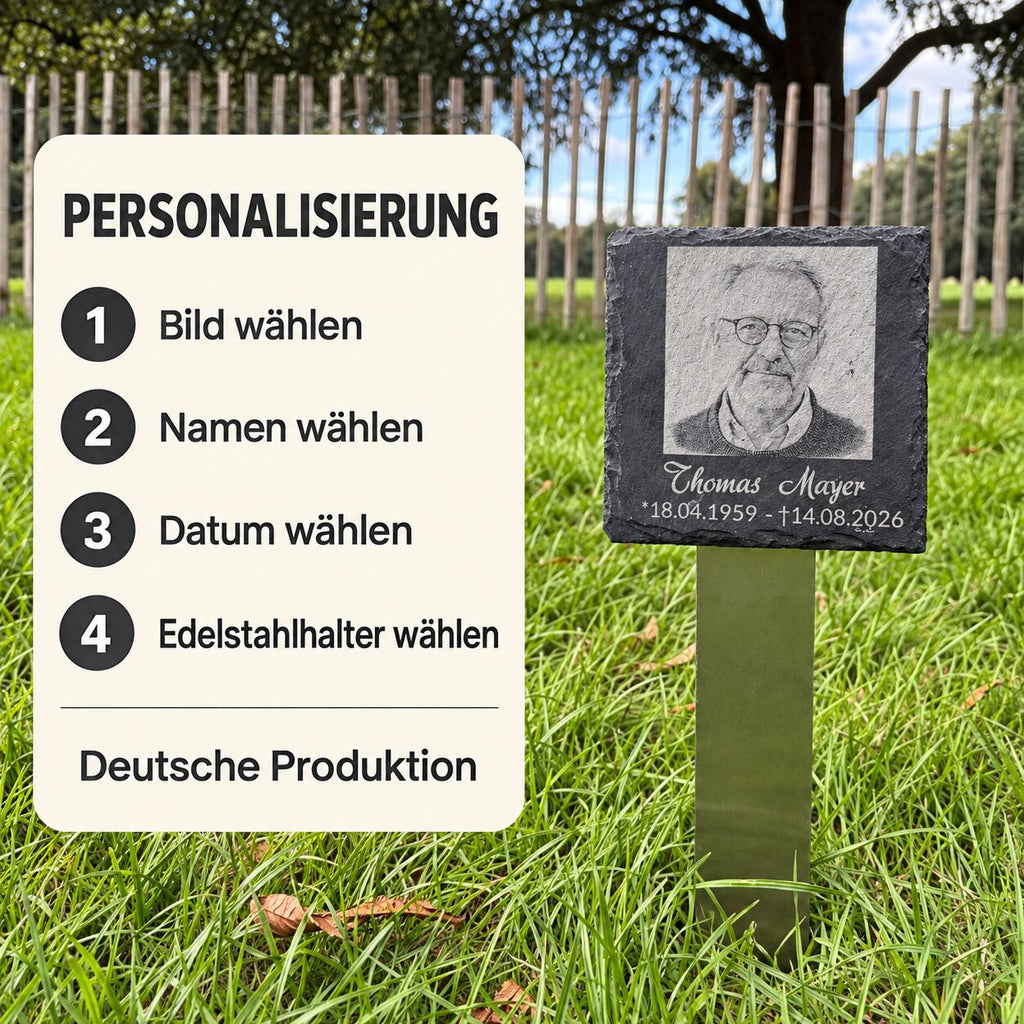 Schiefer-Gedenktafel mit Anleitung: Bild, Namen, Datum und Edelstahlhalter wählen. Hinweis auf deutsche Produktion