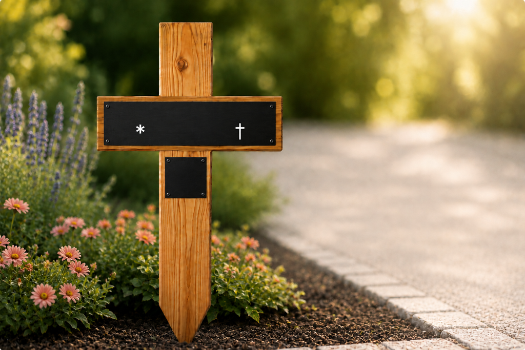 Unbeschriftetes Holzgrabkreuz mit schwarzem Schild, aufgestellt auf einem Grab im Blumenbeet