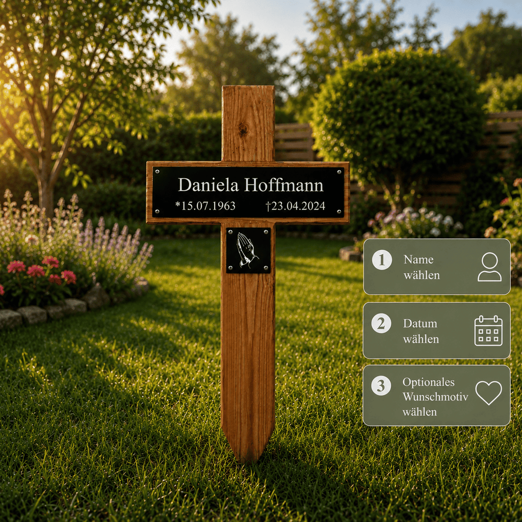Grabkreuz aus Holz mit Namensschild personalisieren: Name, Datum und Wunschmotiv wählen