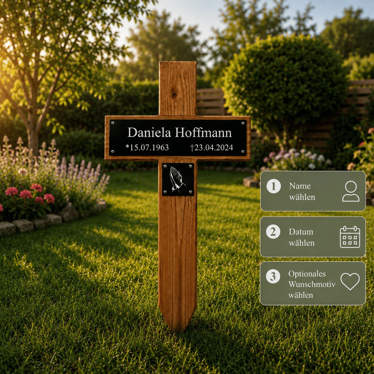 Grabkreuz aus Holz mit Namensschild personalisieren: Name, Datum und Wunschmotiv wählen