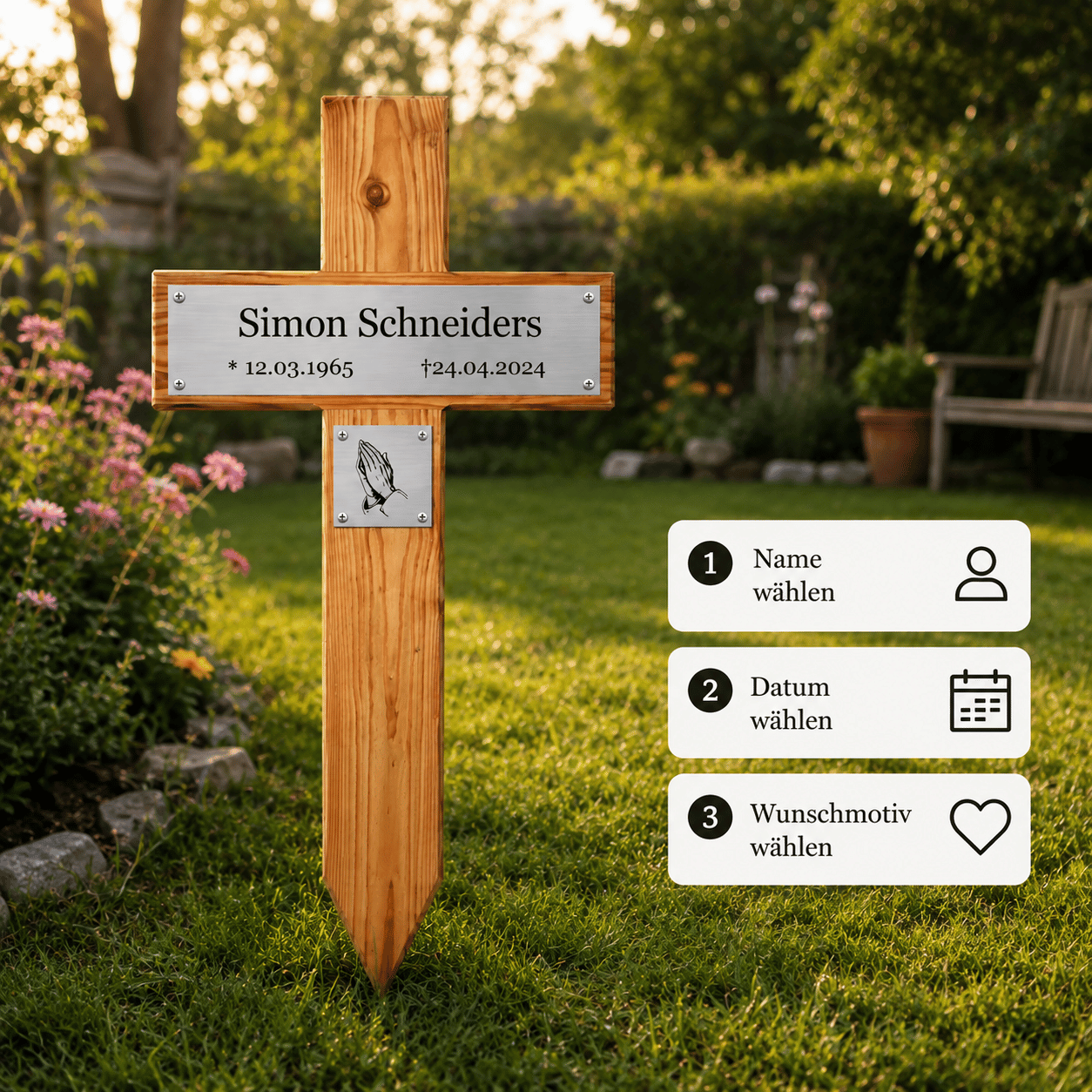 Grabkreuz aus Holz mit Namensschild personalisieren: Name, Datum und Wunschmotiv wählen