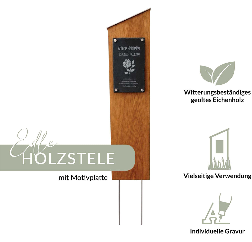 Personalisierte Stele aus geölter Eiche mit Edelstahl-Wetterschutzhaube - Gedenkweise