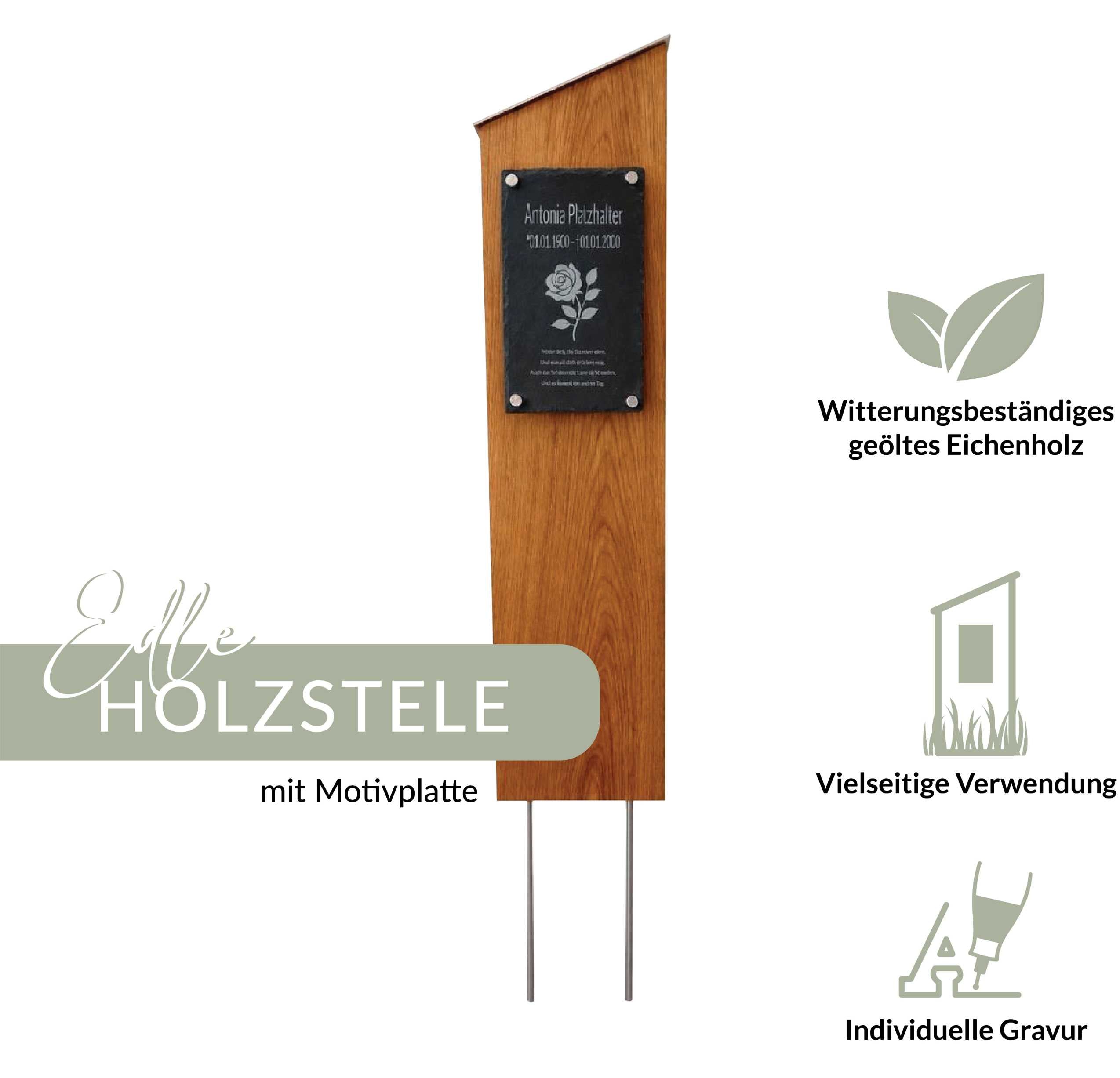 Personalisierte Stele aus geölter Eiche mit Edelstahl-Wetterschutzhaube - Gedenkweise