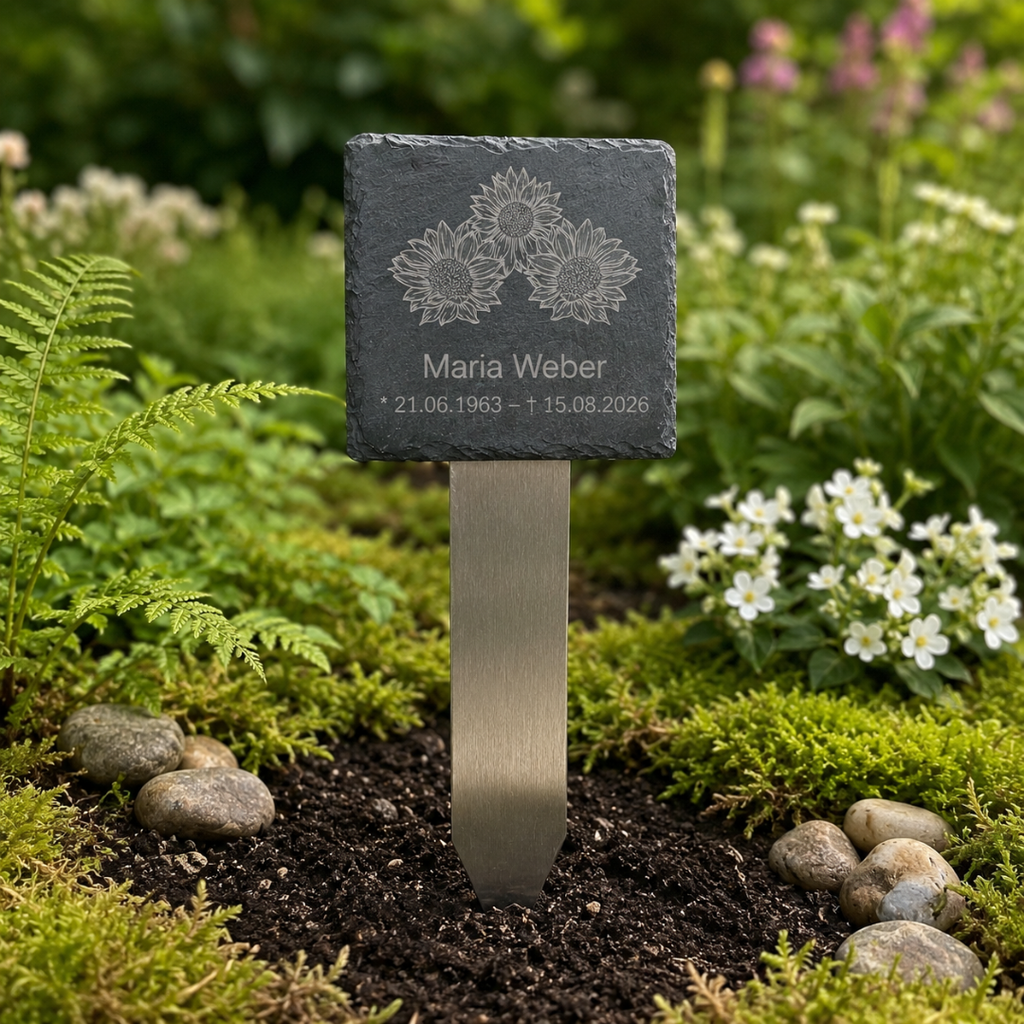 Kleine Schiefer-Gedenktafel 10 x 10 cm mit Sonnenblumen-Gravur auf Edelstahl-Grabstecker im Garten