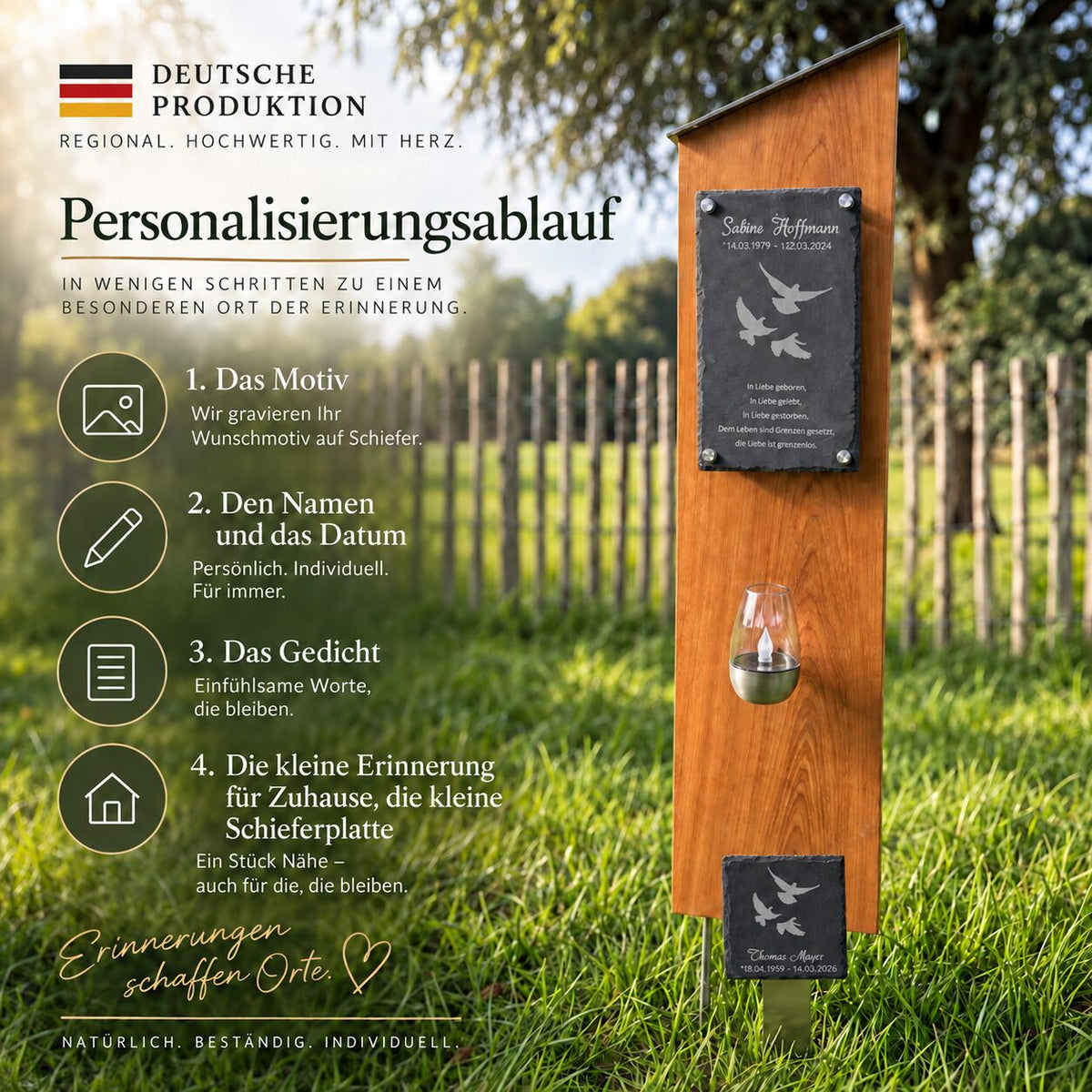 Holz-Grabstele mit Taubenmotiv und Personalisierungsablauf: Motiv, Name und Datum, Gedicht und kleine Gedenktafel für zu Hause wählen.