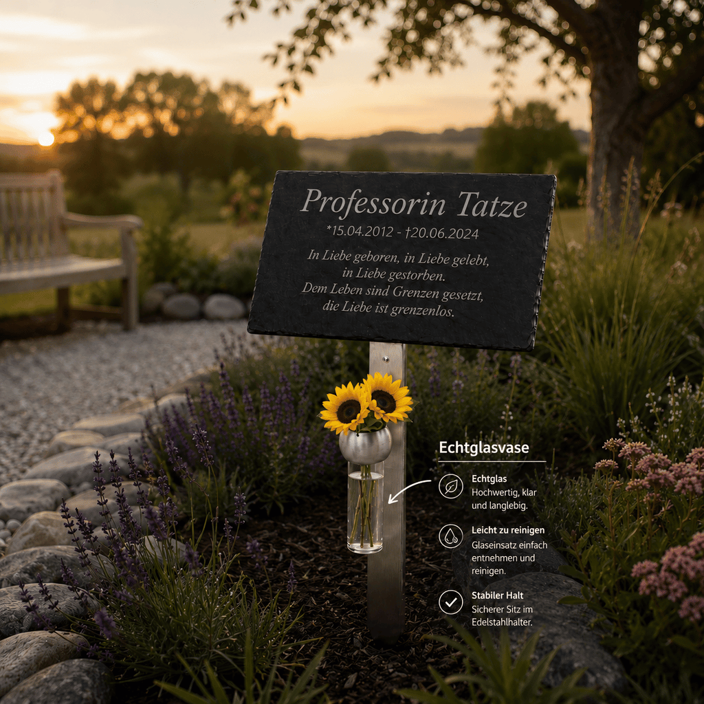Tier-Gedenktafel aus Schiefer mit Edelstahlhalter und Echtglasvase mit Sonnenblumen, im Garten bei Sonnenuntergang – Merkmale der Echtglasvase