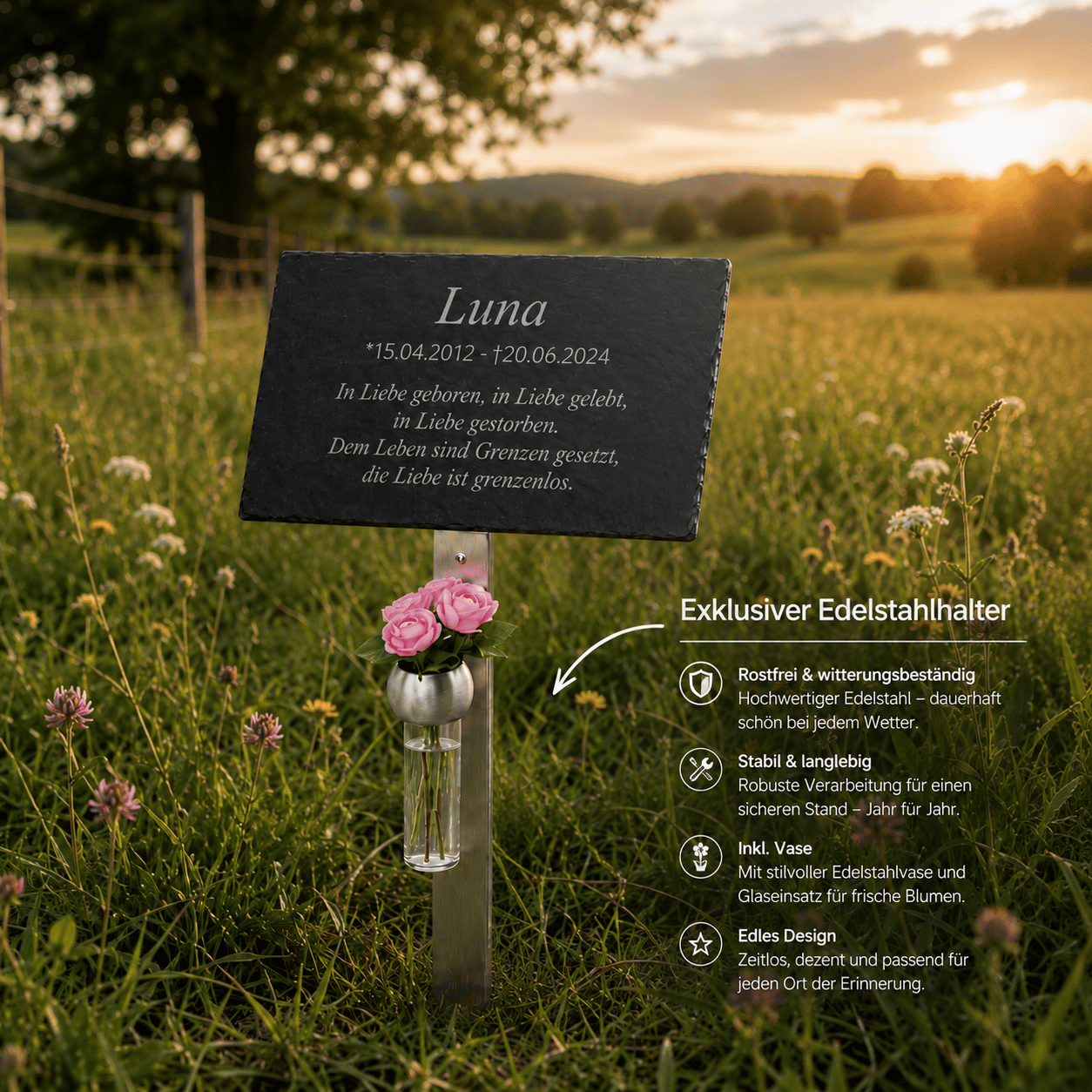 Gedenktafel "Luna" auf Edelstahlhalter mit Glasvase und rosa Rosen, auf blühender Wiese bei Sonnenuntergang – Produktmerkmale des Edelstahlhalters