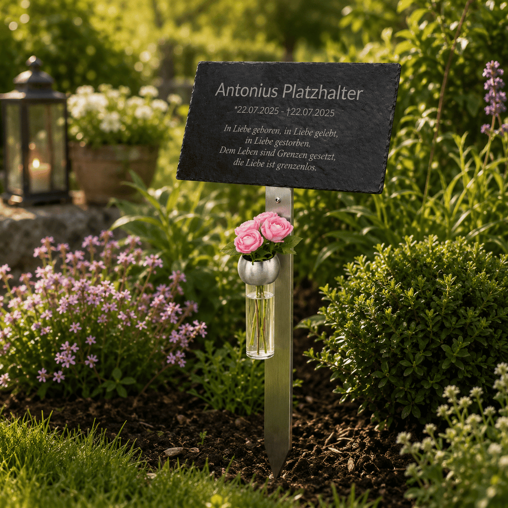 Personalisierte Gedenktafel aus Schiefer auf Edelstahlhalter mit Blumenvase und rosa Rosen, im Gartenbeet mit Laterne