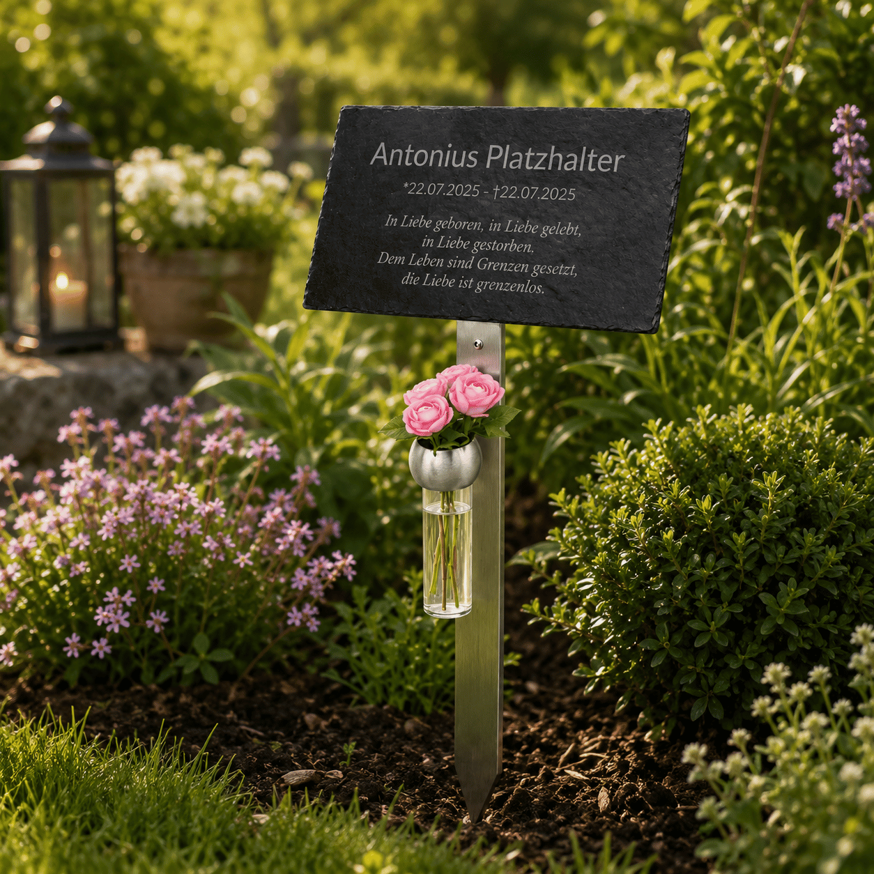 Personalisierte Gedenktafel aus Schiefer auf Edelstahlhalter mit Blumenvase und rosa Rosen, im Gartenbeet mit Laterne