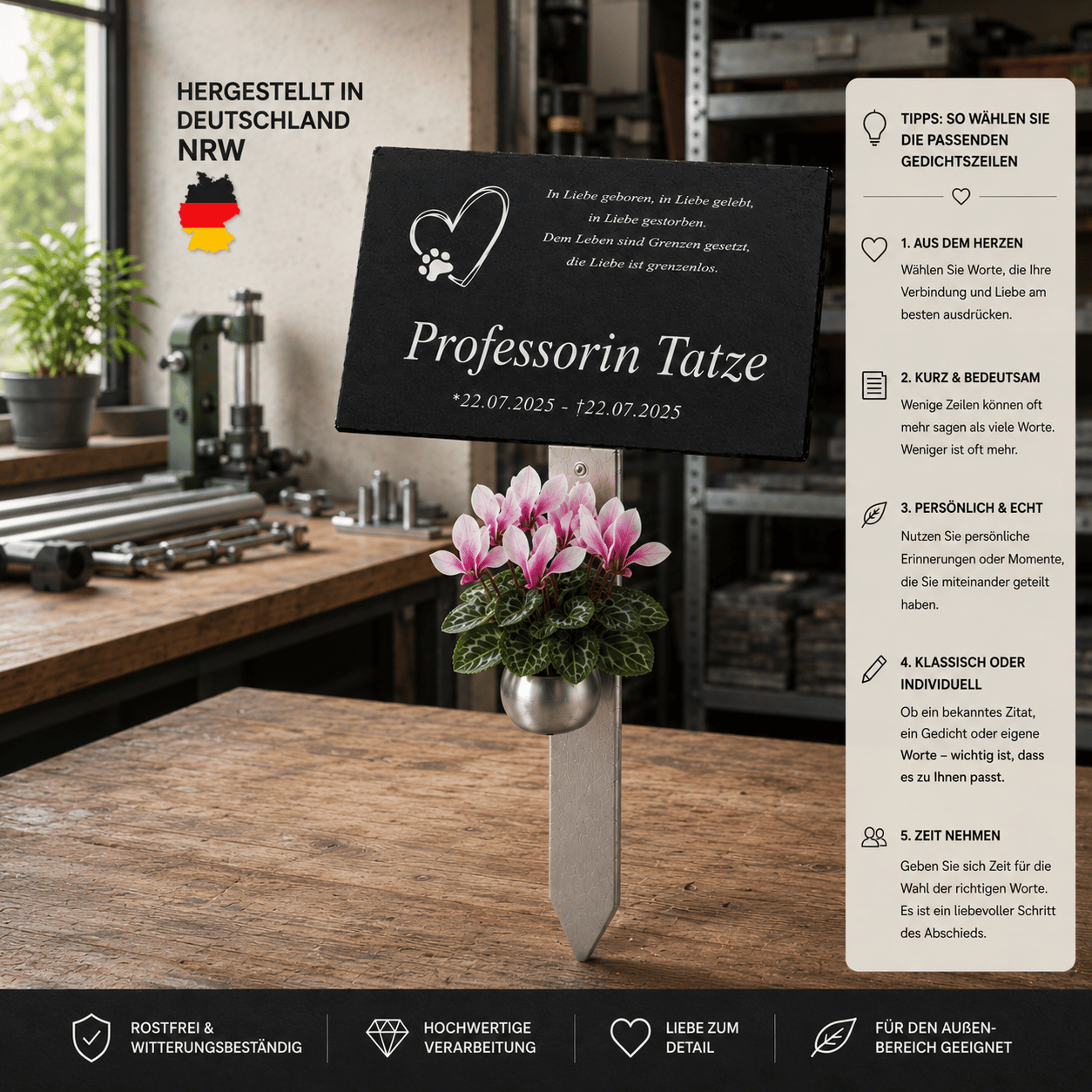 Gedenktafel "Professorin Tatze" mit Herz-und-Pfote-Motiv auf Edelstahlhalter mit Alpenveilchen, in Werkstatt hergestellt in Deutschland – Tipps zur Wahl der Gedichtzeilen