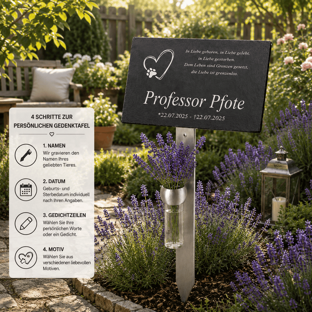 Gedenktafel "Professor Pfote" mit Herz-und-Pfote-Motiv auf Edelstahlhalter mit Lavendelstrauß, im Garten mit Laterne – 4 Schritte zur persönlichen Gestaltung