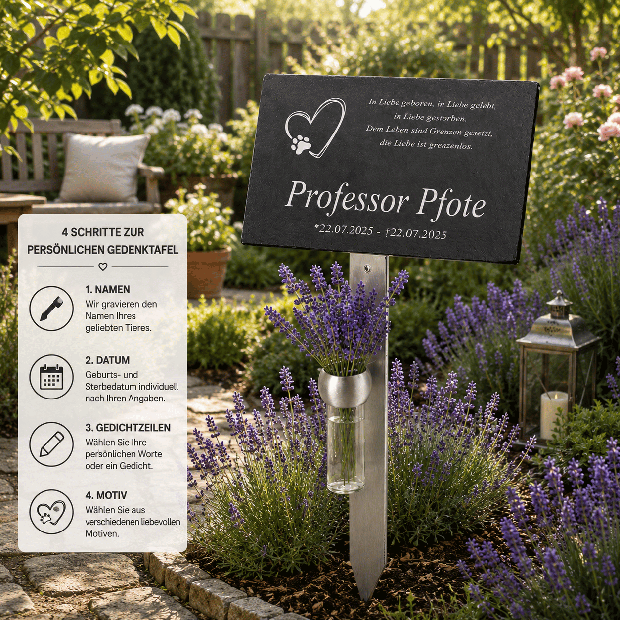 Gedenktafel "Professor Pfote" mit Herz-und-Pfote-Motiv auf Edelstahlhalter mit Lavendelstrauß, im Garten mit Laterne – 4 Schritte zur persönlichen Gestaltung