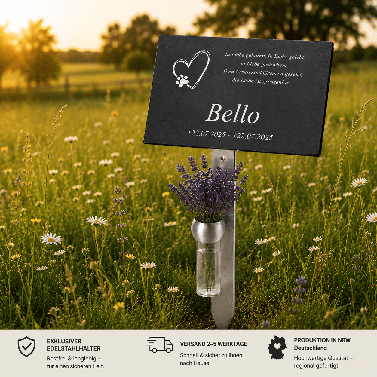 Gedenktafel "Bello" mit Herz-und-Pfote-Motiv auf Edelstahlhalter mit Lavendelstrauß, auf Blumenwiese bei Sonnenuntergang – Infos zu Versand und Produktion in NRW