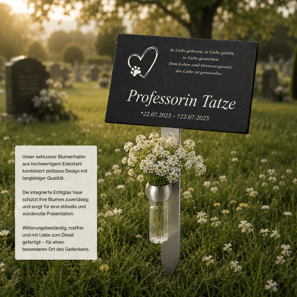 Gedenktafel "Professorin Tatze" mit Herz-und-Pfote-Motiv auf Edelstahlhalter mit Schleierkraut, auf Friedhofswiese bei Sonnenaufgang – Beschreibung der Echtglasvase