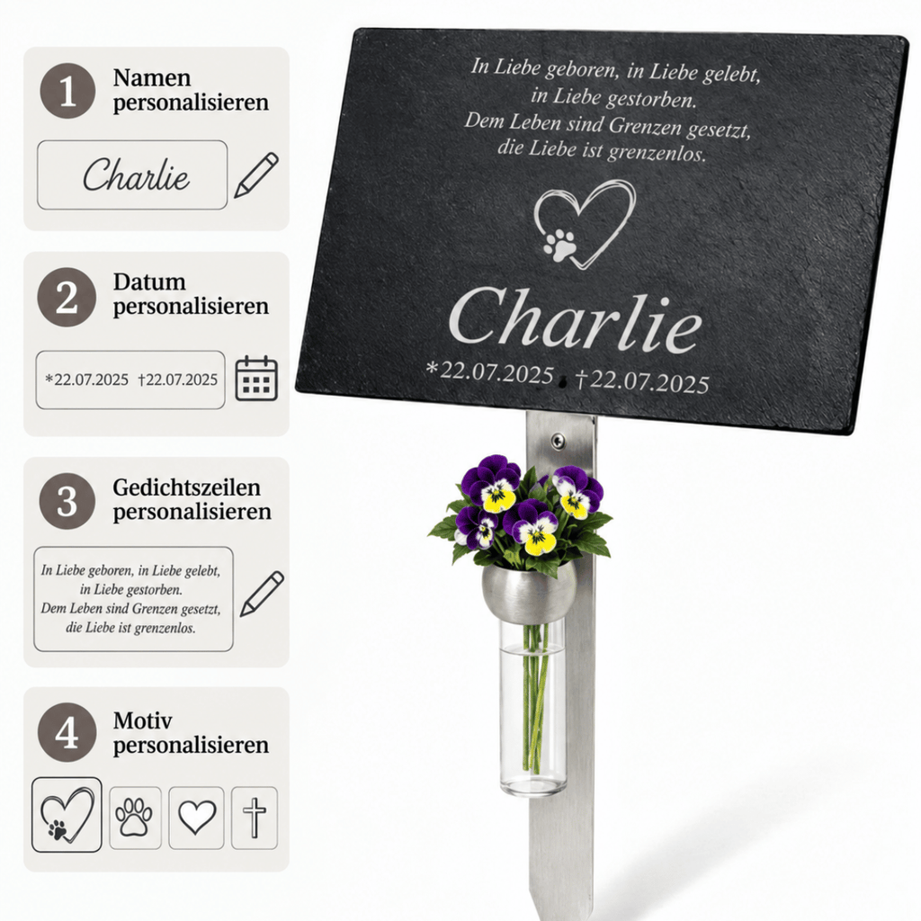 Personalisierungsschritte für Tiergedenktafel: Name, Datum, Gedichtzeilen und Motiv individuell wählbar