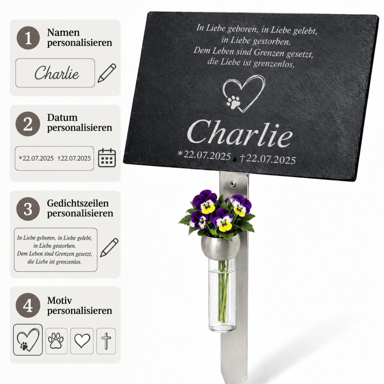 Personalisierungsschritte für Tiergedenktafel: Name, Datum, Gedichtzeilen und Motiv individuell wählbar