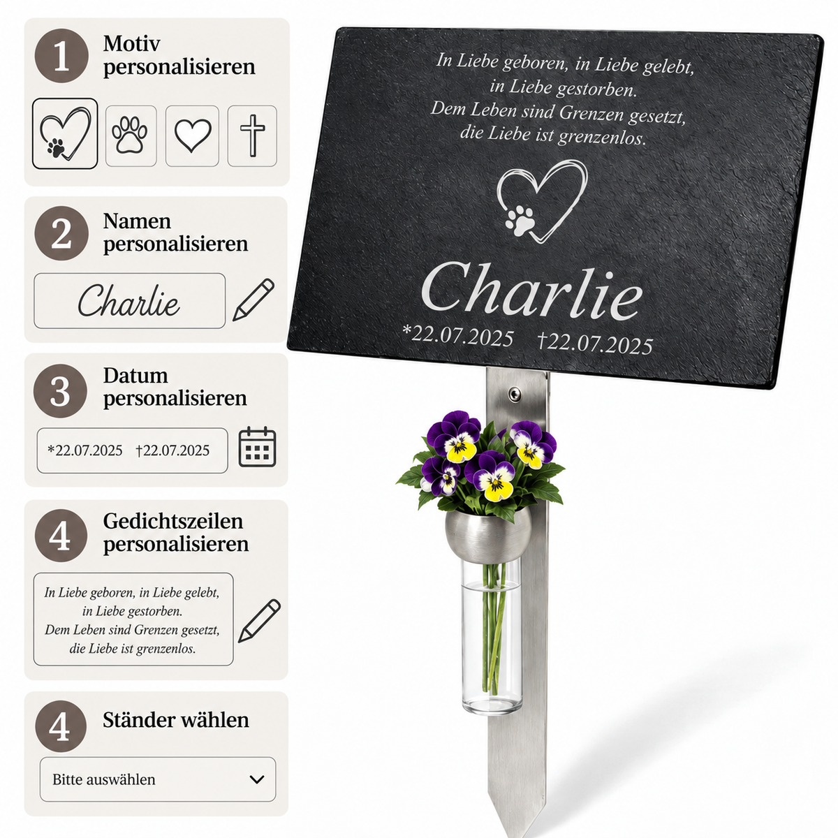 Personalisierungsschritte für Tiergedenktafel: Name, Datum, Gedichtzeilen und Motiv individuell wählbar