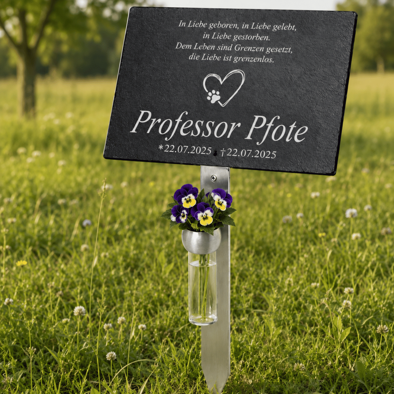 Tier-Gedenktafel Schiefer mit Edelstahlhalter und Blumenvase auf Wiese, personalisierbar mit Namen und Pfoten-Herz-Motiv