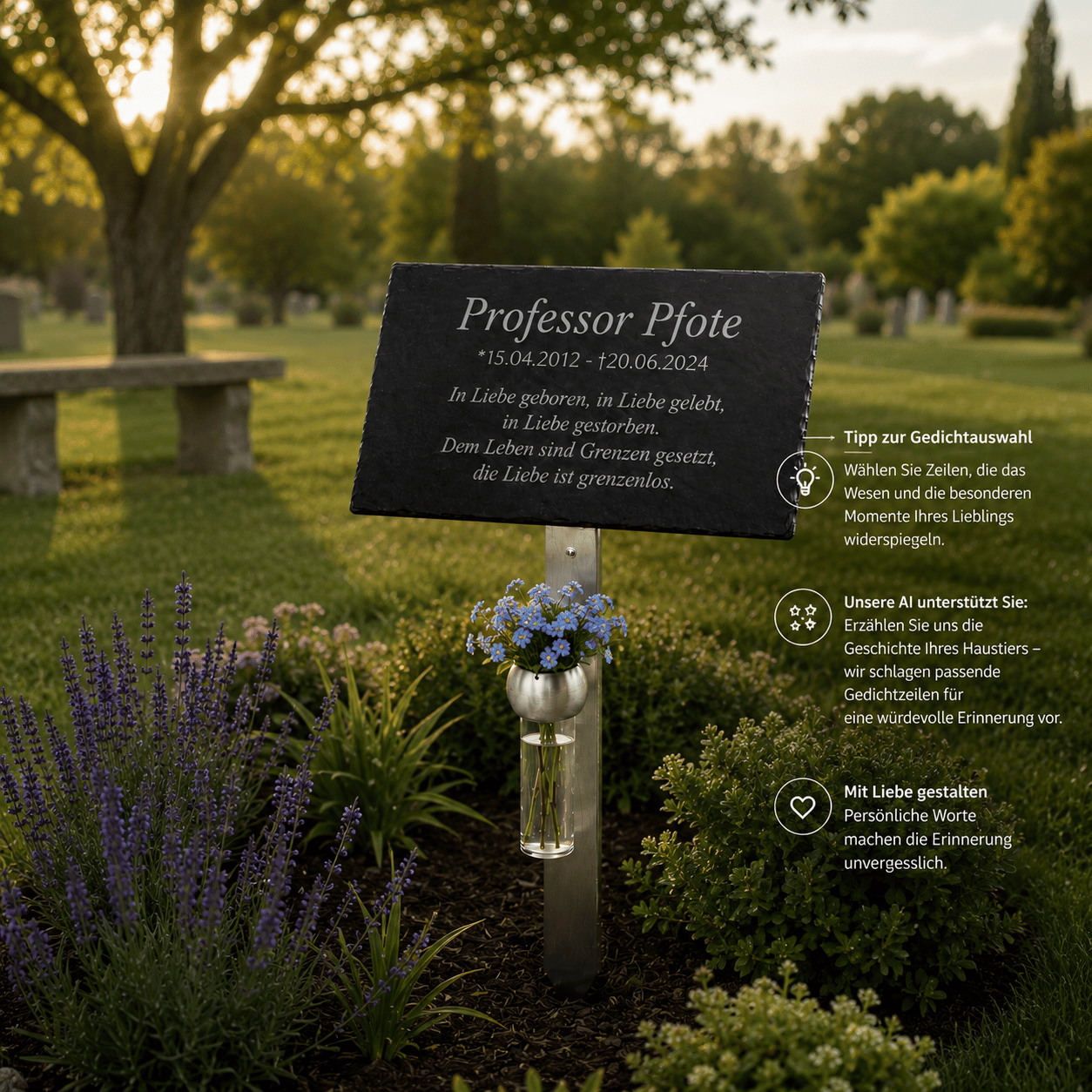 Gedenktafel "Professor Pfote" auf Edelstahlhalter mit Vergissmeinnicht-Strauß, auf Friedhofswiese – Tipps zur Gedichtauswahl und KI-Unterstützung bei der Textgestaltung