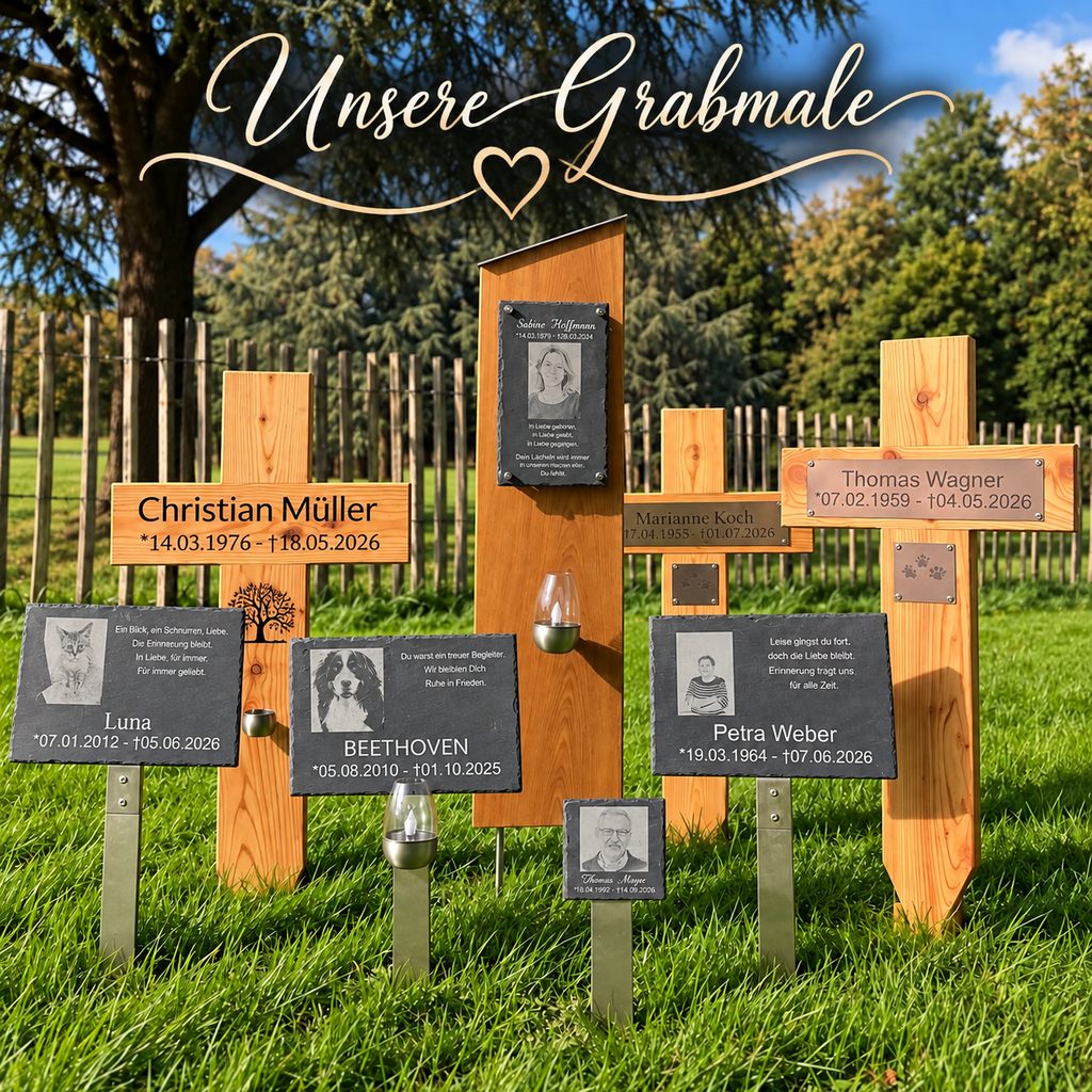 Personalisierte Grabmale von Gedenkweise mit Grabkreuzen aus Holz, Gedenktafeln aus Schiefer und Grabstelen