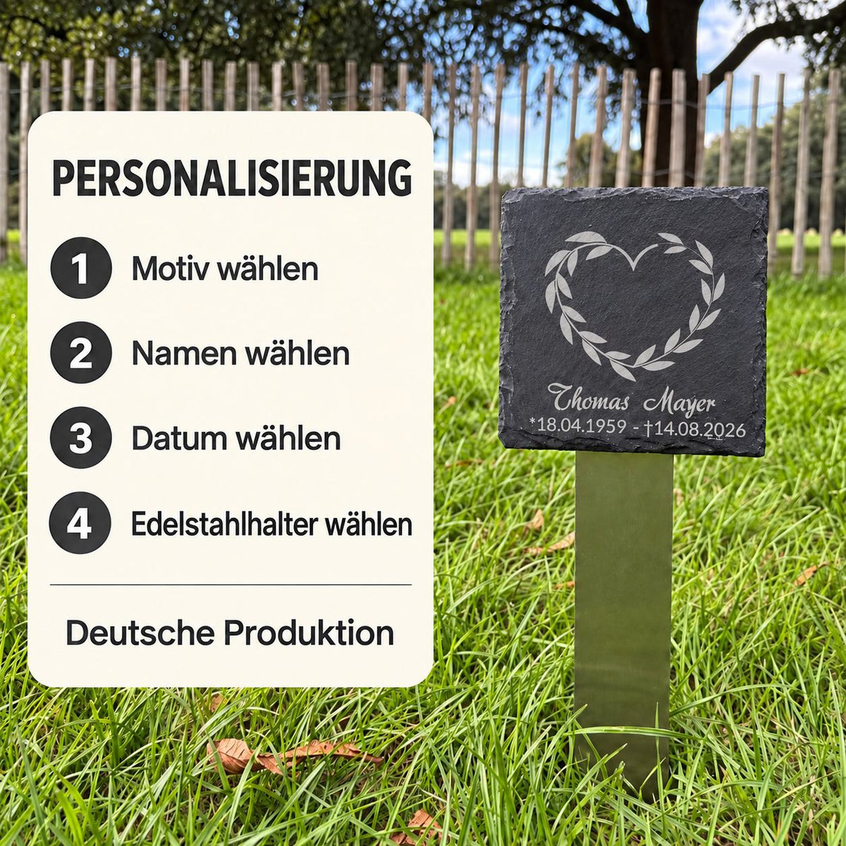 Personalisierbare Schiefer-Gedenktafel mit Motiv, Name, Datum und Edelstahlhalter – hergestellt in Deutschland