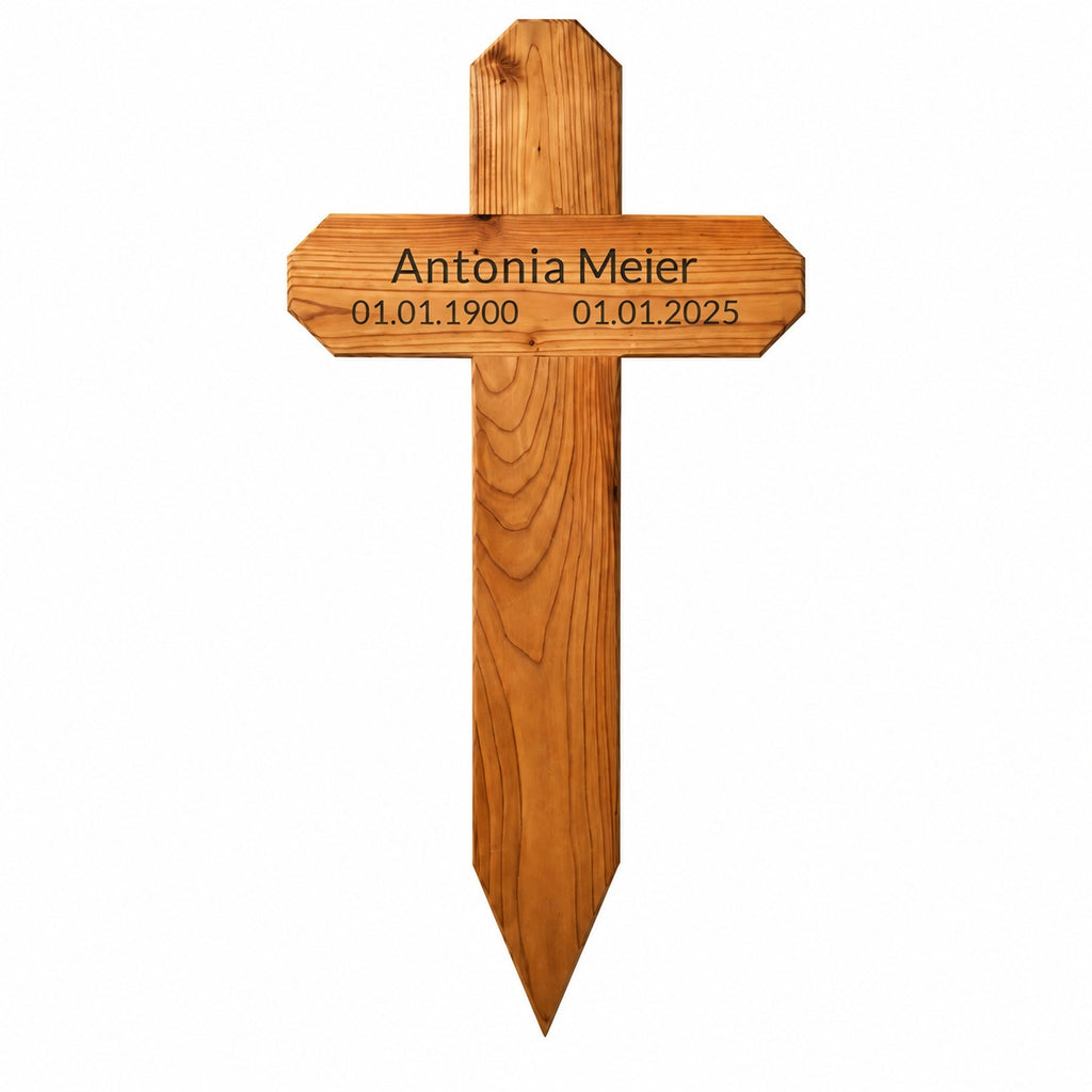 Personalisiertes Grabkreuz aus Holz mit Gravur Antonia Meier