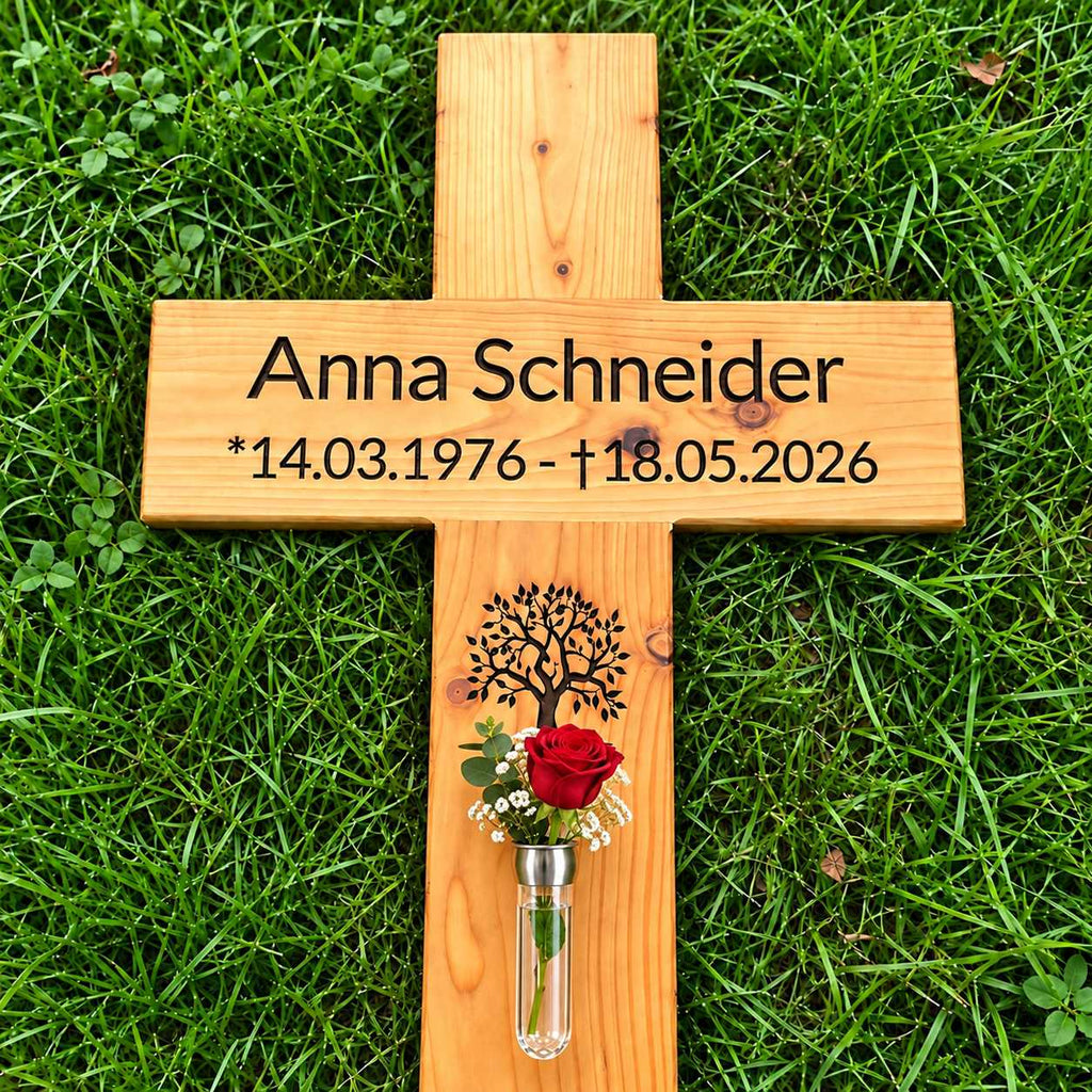Personalisiertes Holz-Grabkreuz für Anna Schneider mit Lebensbaum-Motiv und roter Rose in einer Echtglasvase mit Edelstahlhalterung.