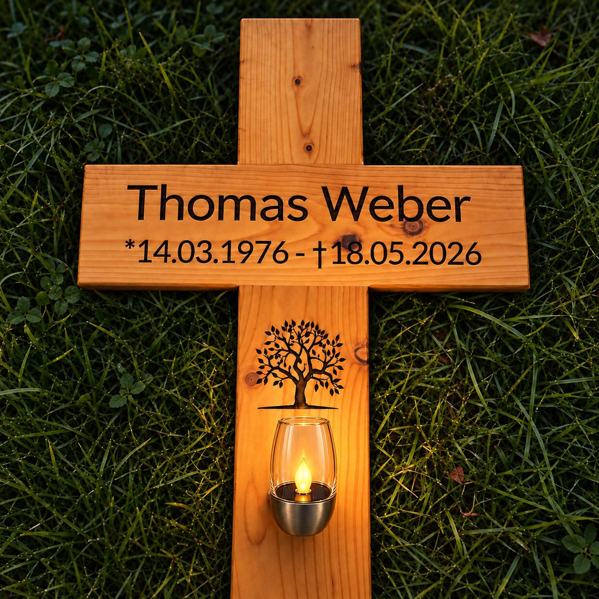 Personalisiertes Holz-Grabkreuz für Thomas Weber mit Lebensbaum-Motiv und warm leuchtendem LED-Gedenklicht aus Glas und Edelstahl in dunkler Umgebung.