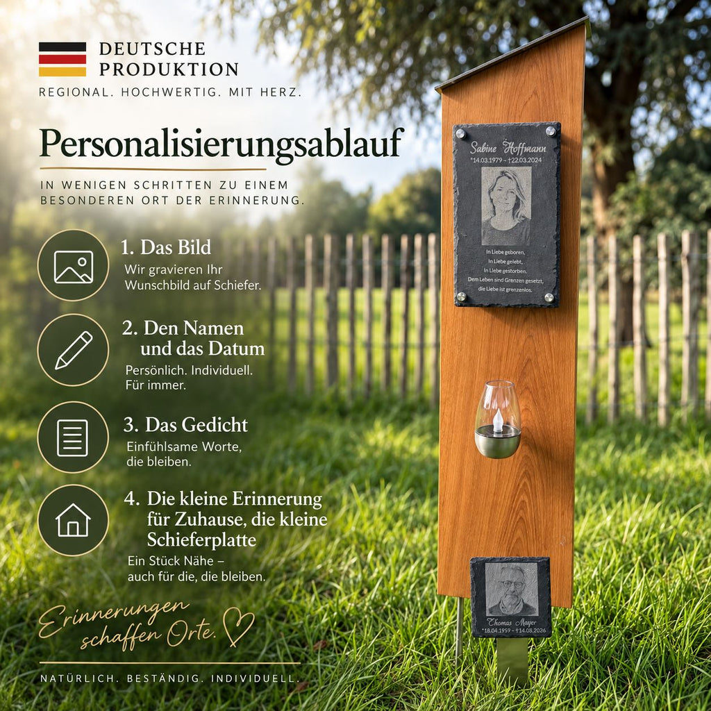 Personalisierungsablauf einer in Deutschland gefertigten Grabstele mit Foto, Name, Gedicht und Erinnerungstafel