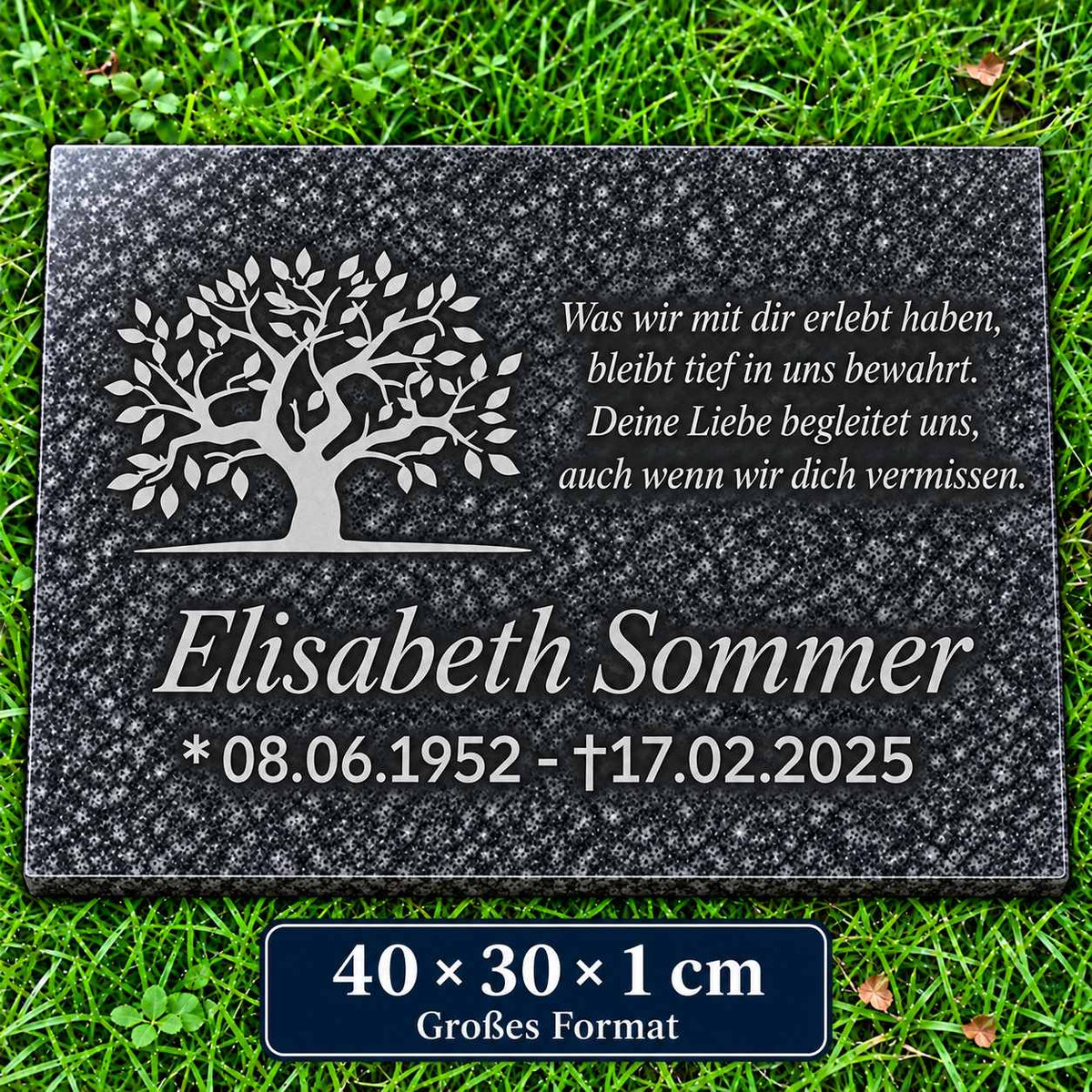Grabstein Granit Impala, 40 × 30 × 1 cm, mit silbergrauem Lebensbaum, Name, Lebensdaten und Gedicht auf grünem Rasen.