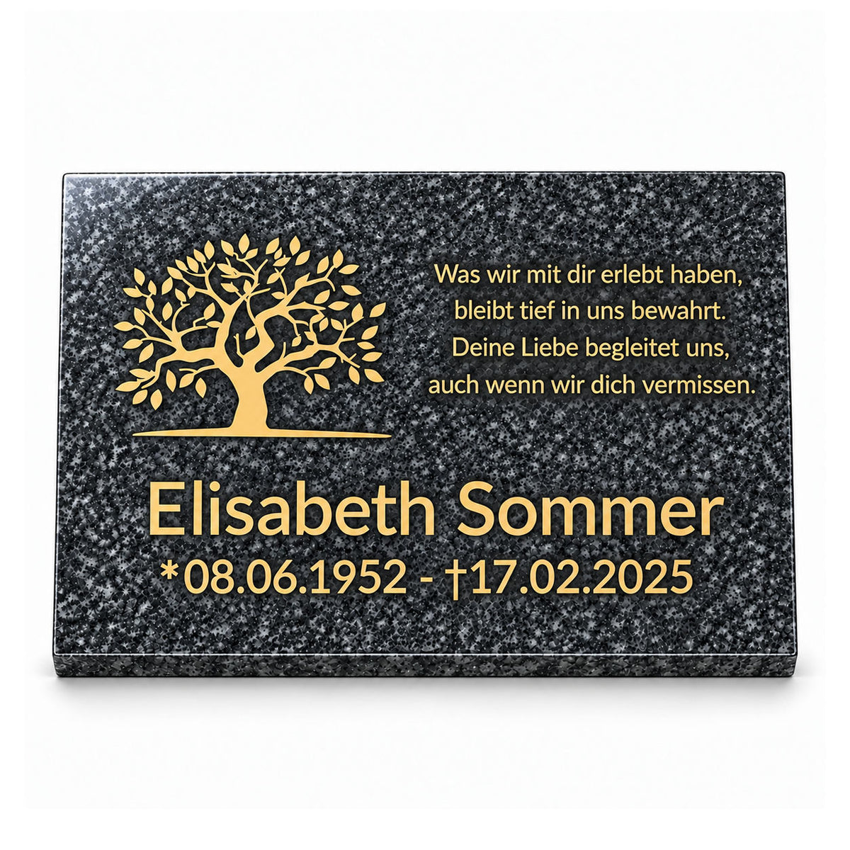 Graue Granit-Gedenktafel Impala mit goldenem Lebensbaum, personalisiertem Namen, Datum und Gedicht vor weißem Hintergrund.