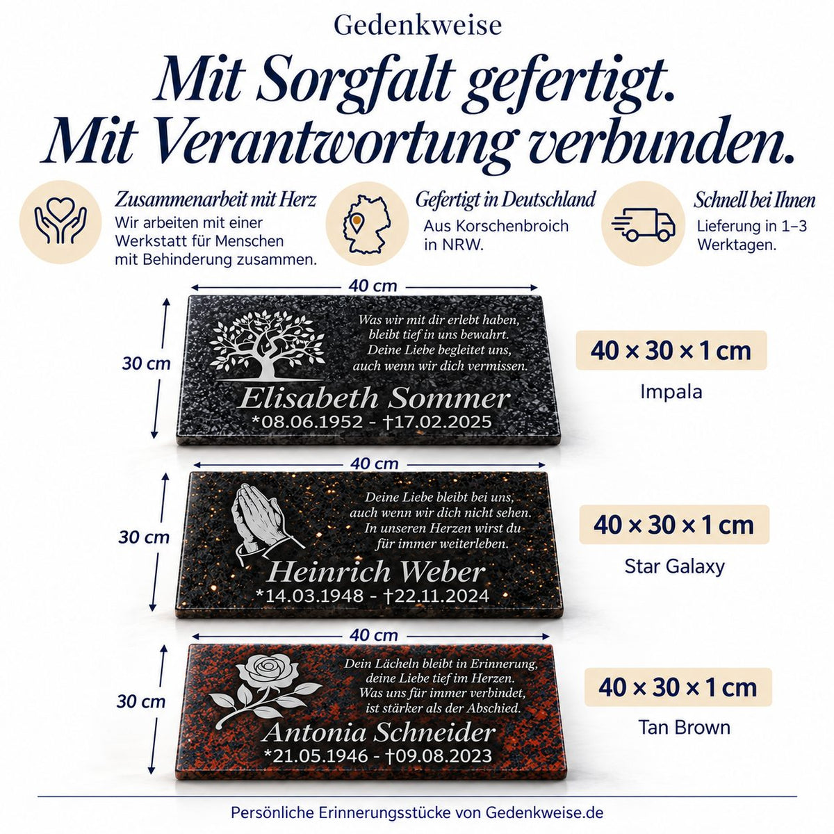 Grabstein Granit in Impala, Star Galaxy und Tan Brown im Vergleich, mit silbergrauen Motiven und Beschriftungen sowie Maßangaben 40 × 30 × 1 cm.