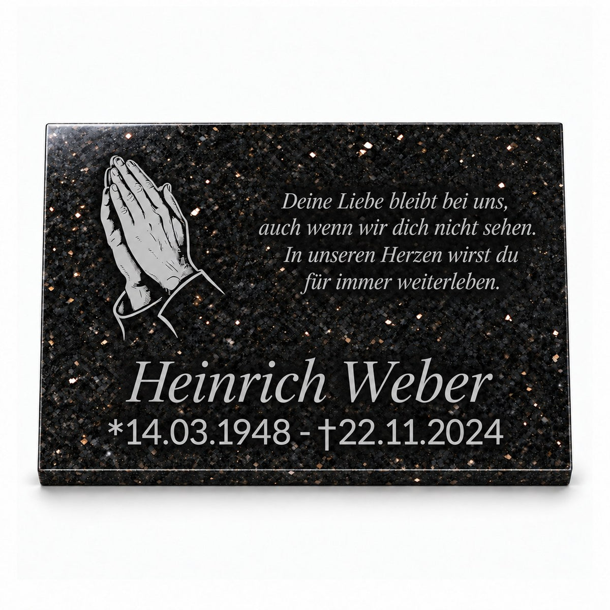 Schwarze Granit-Gedenktafel Star Galaxy mit hellgrauen betenden Händen sowie Name, Datum und Gedicht in Hellgrau vor weißem Hintergrund.