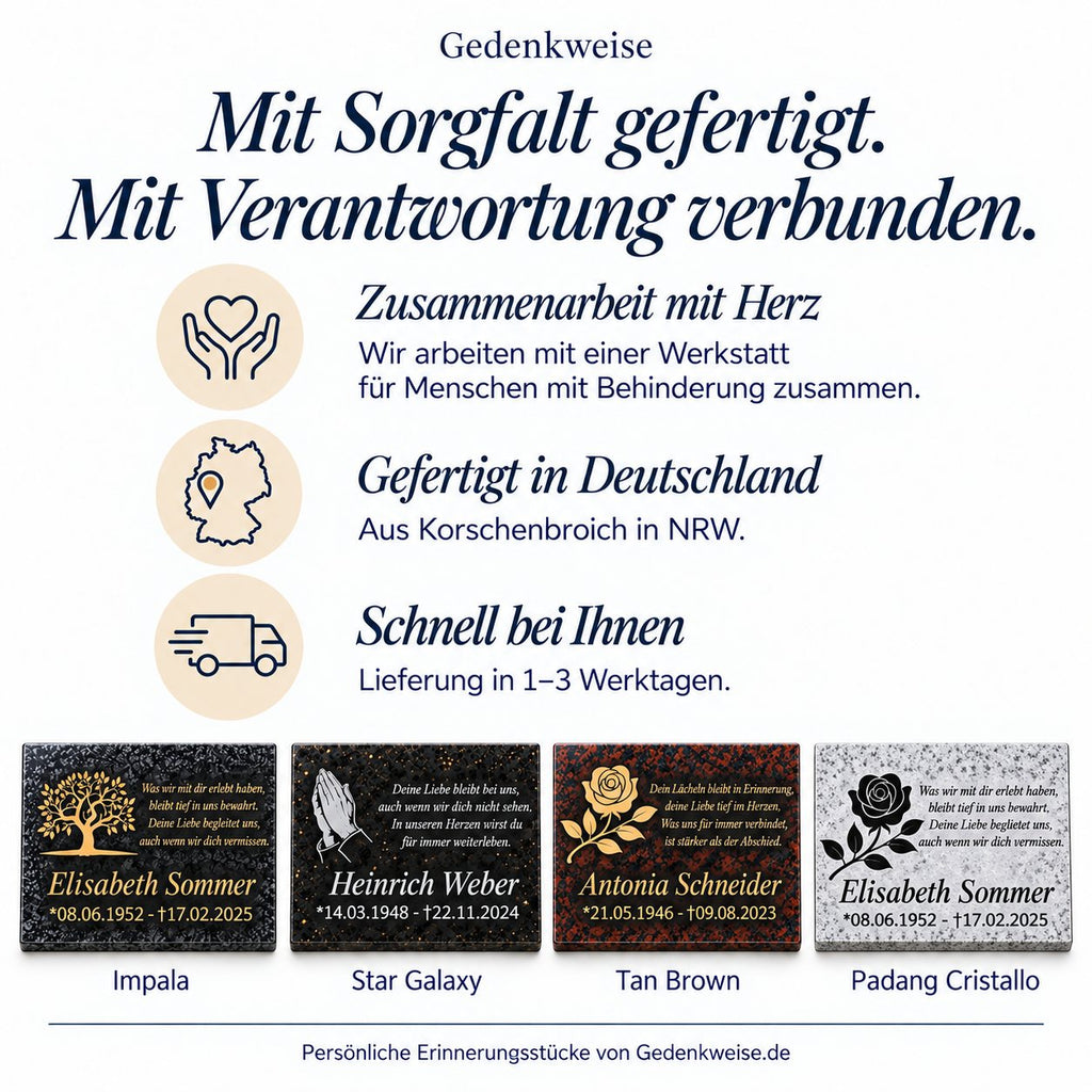 Vier Granit-Gedenktafeln im Vergleich: Impala, Star Galaxy, Tan Brown und Padang Cristallo mit unterschiedlichen Motiven und Schriftfarben.