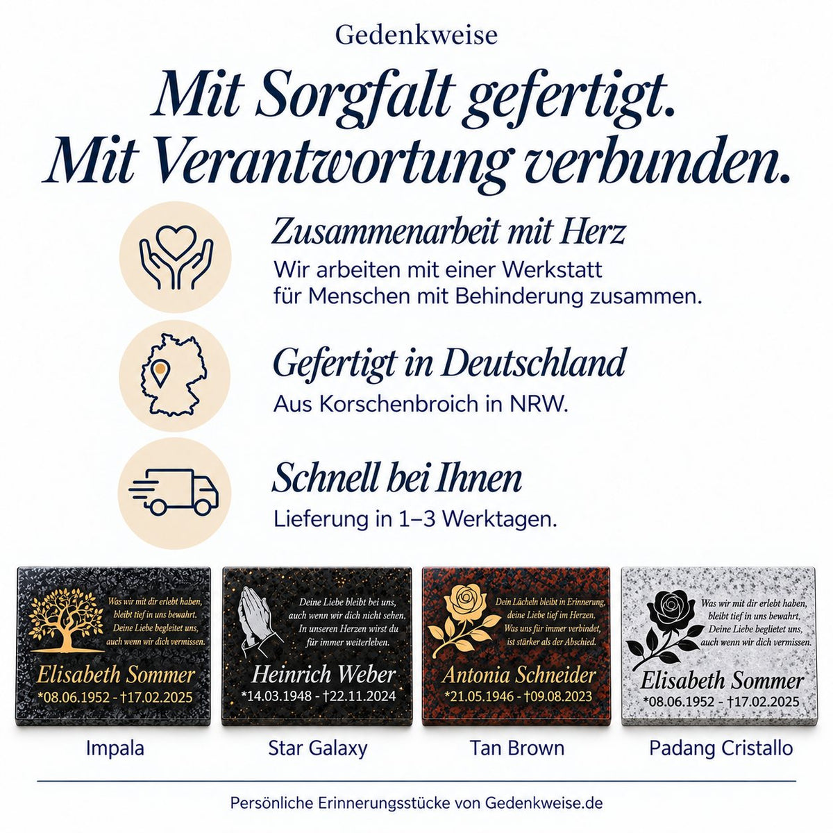 Vier Granit-Gedenktafeln im Vergleich: Impala, Star Galaxy, Tan Brown und Padang Cristallo mit unterschiedlichen Motiven und Schriftfarben.
